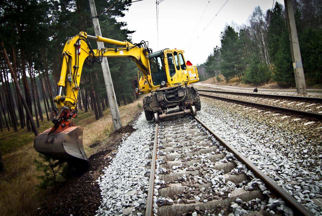 Żółta koparka kołowo-szynowa na torach kolejowych podczas prac ziemnych, widoczne drzewa w tle.