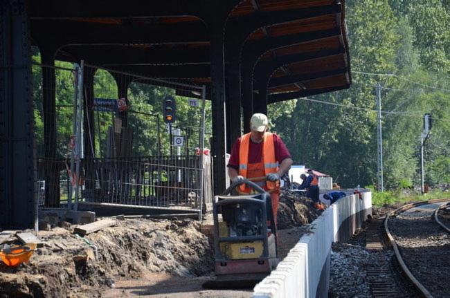 Pracownik w pomarańczowej kamizelce ubija ziemię zagęszczarką w pobliżu torów kolejowych, w tle widoczna konstrukcja zadaszenia peronu i sygnalizacja świetlna.