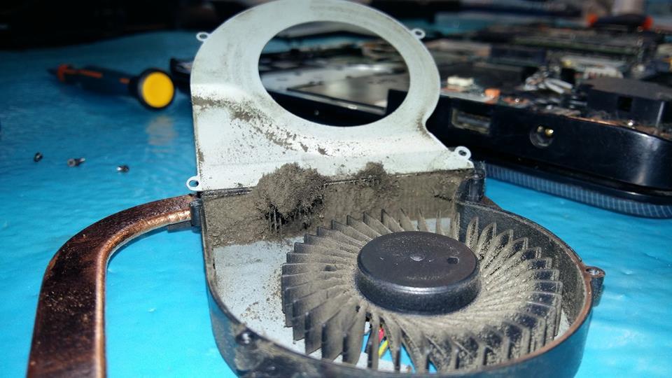 Zanieczyszczony kurzem wentylator laptopa z widocznym radiatorem, śrubokrętem i rozmontowaną płytą główną w tle na niebieskim podłożu.