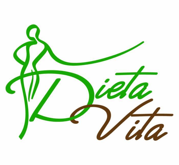 Zielono-brązowe logo z sylwetką osoby i napisem 'Dieta Vita' na białym tle.
