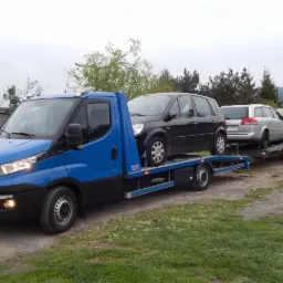 Niebieska laweta z trzema samochodami osobowymi na platformie, zaparkowana na trawiastym terenie z widokiem na drzewa i wzgórza w tle.