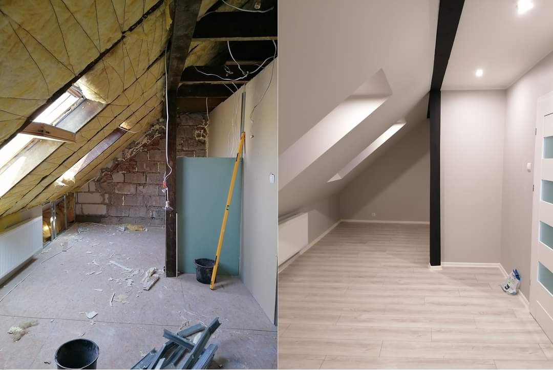 Porównanie stanu poddasza przed i po remontu: surowa cegła, izolacja i okno dachowe kontra gładkie ściany w odcieniach szarości, panele podłogowe i nowoczesne oświetlenie.