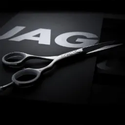 Profesjonalne nożyczki fryzjerskie marki JAG z delikatnym wzorem na rękojeści, ułożone na czarnym tle z widocznym logo marki.