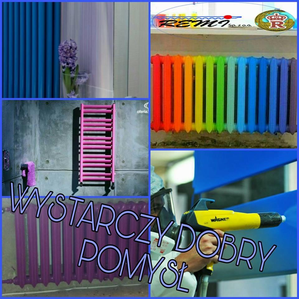 Kolaż zdjęć przedstawiających grzejniki w różnych kolorach i wykończeniach, w tym tęczowy grzejnik, różowy grzejnik łazienkowy oraz proces malowania proszkowego grzejnika z użyciem pistoletu Wagner.