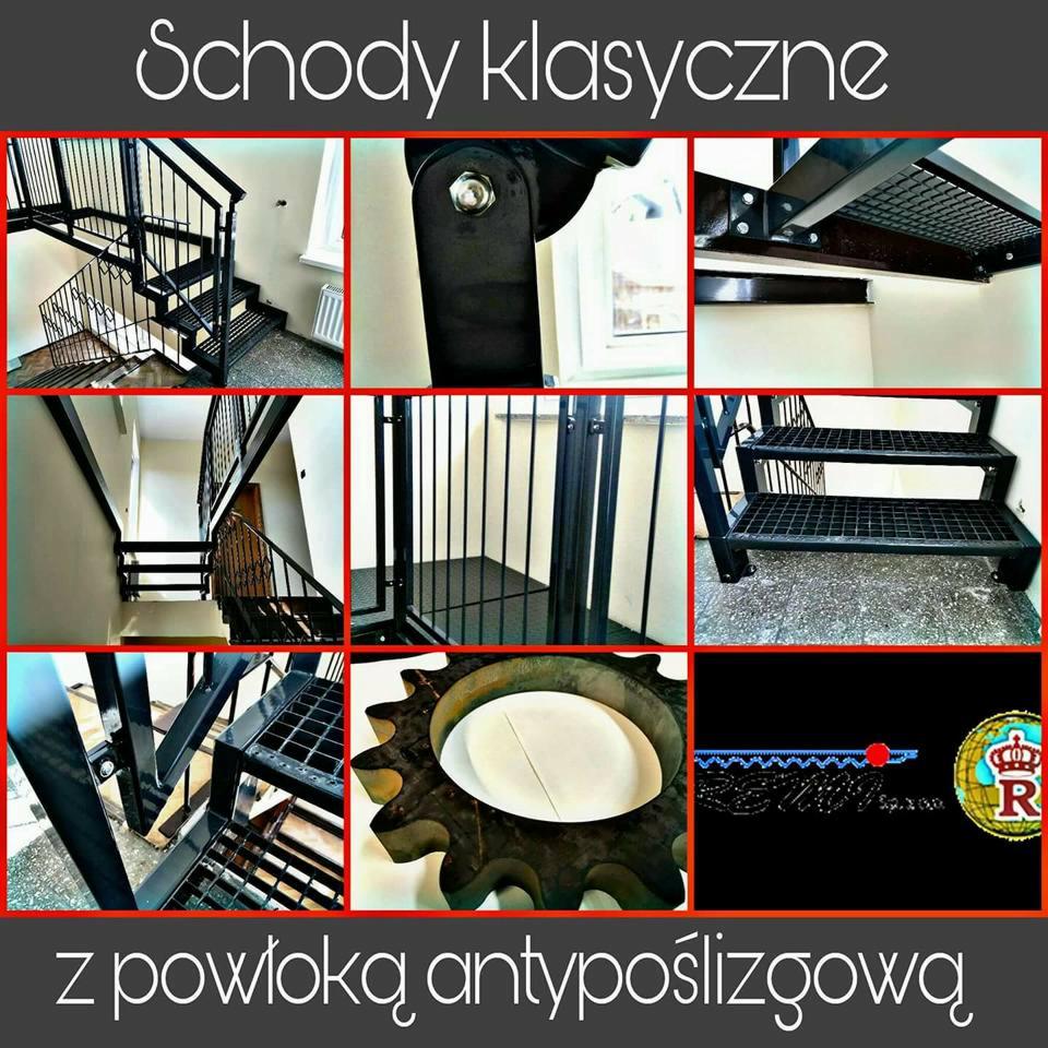 Kolaż detali czarnych, metalowych schodów z powłoką antypoślizgową, obejmujący widok z góry, mocowania, fragment biegu schodów i przekrój antypoślizgowy.