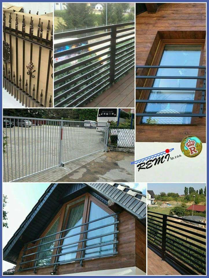 Kompozycja zdjęć przedstawiająca różnorodne metalowe balustrady balkonowe i ogrodzenia, w tym ozdobne kute elementy, nowoczesne poziome profile i przesuwne bramy wjazdowe. Widoczne detale montażowe...