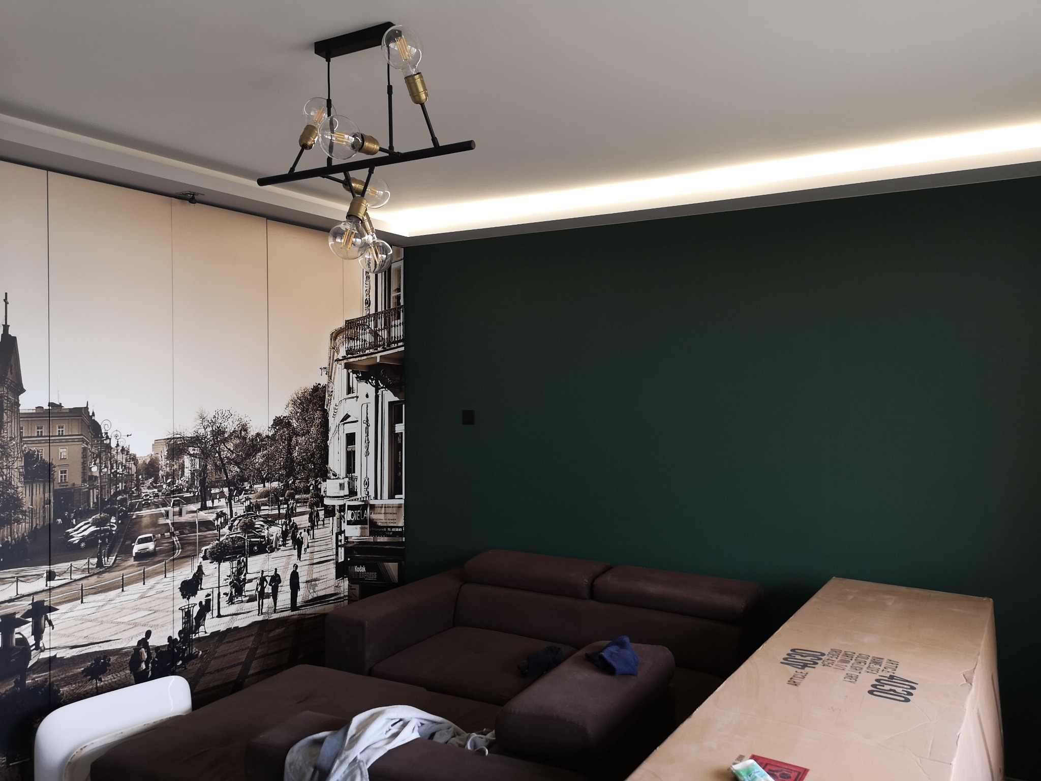Wnętrze pokoju w trakcie prac: ciemnozielona ściana, brązowa sofa z poduszkami, karton z oznaczeniami modelu, lampa sufitowa z odsłoniętymi żarówkami Edison, fototapeta z motywem miejskim.