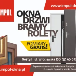 Reklama firmy Imopol prezentująca przekrój okna, drzwi zewnętrzne oraz informację o darmowych pomiarach, z adresami stron internetowych i numerem telefonu.