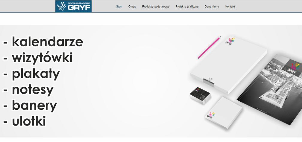 Kompozycja graficzna przedstawiająca wizytówki, notatnik, bloczek i katalog firmy Gryf na białym tle, z widocznym logo firmy i elementami identyfikacji wizualnej.