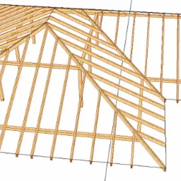 Wizualizacja 3D drewnianej konstrukcji dachu o nieregularnym kształcie, ukazująca układ belek i krokwi przed pokryciem.
