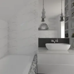 Nowoczesna łazienka z białymi marmurowymi płytkami, owalną umywalką nablatową i wiszącymi lampami o kulistych kloszach, widok na wannę i półki z akcesoriami.