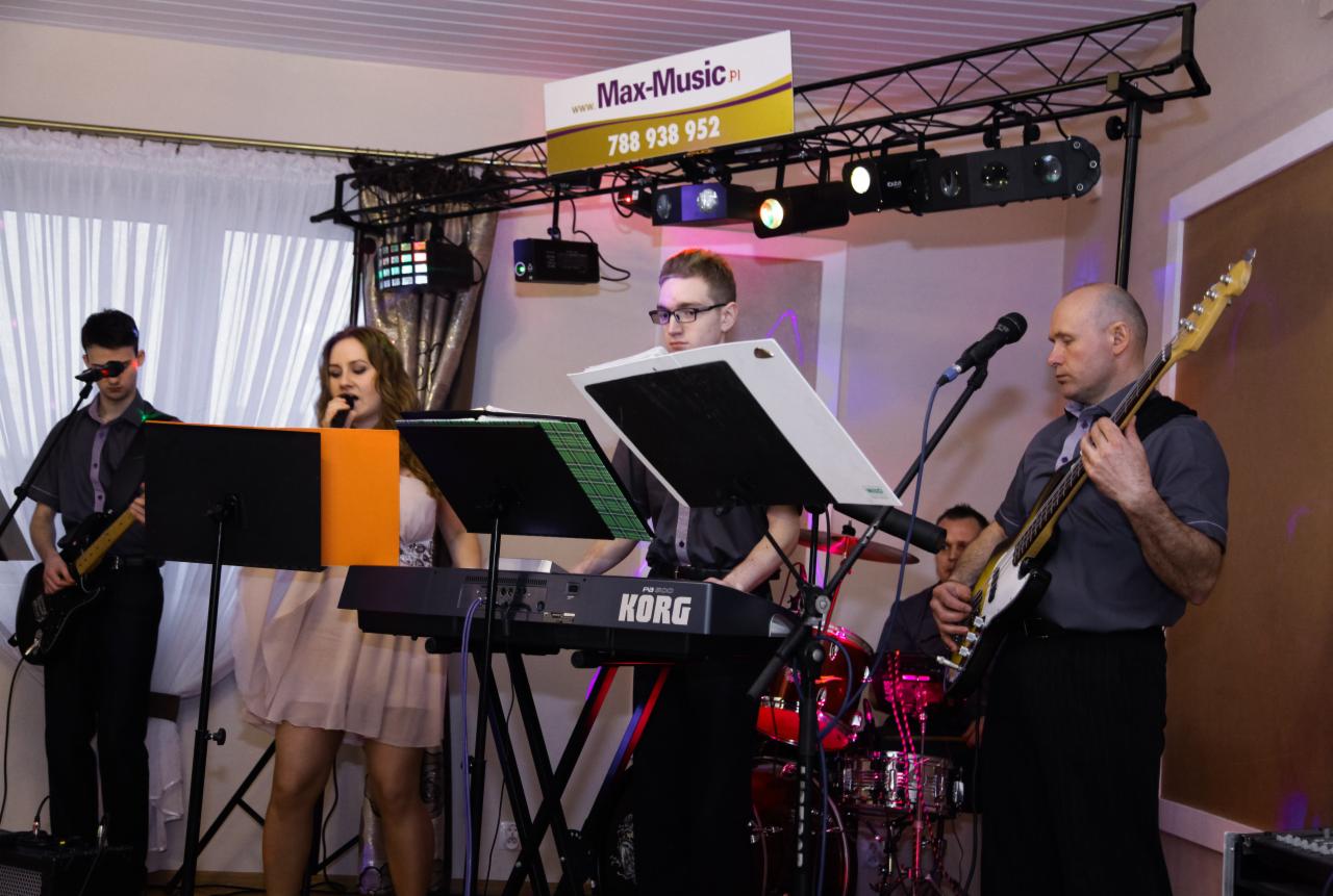 Zespół grający na żywo na scenie: wokalistka śpiewa do mikrofonu, gitarzysta gra na gitarze elektrycznej, klawiszowiec gra na keyboardzie Korg, basista gra na gitarze basowej, a perkusista gra...