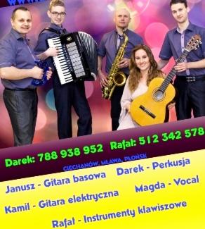 Pięcioosobowy zespół muzyczny w koszulach, z akordeonem, saksofonem, gitarą elektryczną i akustyczną, uśmiechnięta wokalistka z przodu, tło w pastelowych kolorach z efektem bokeh.