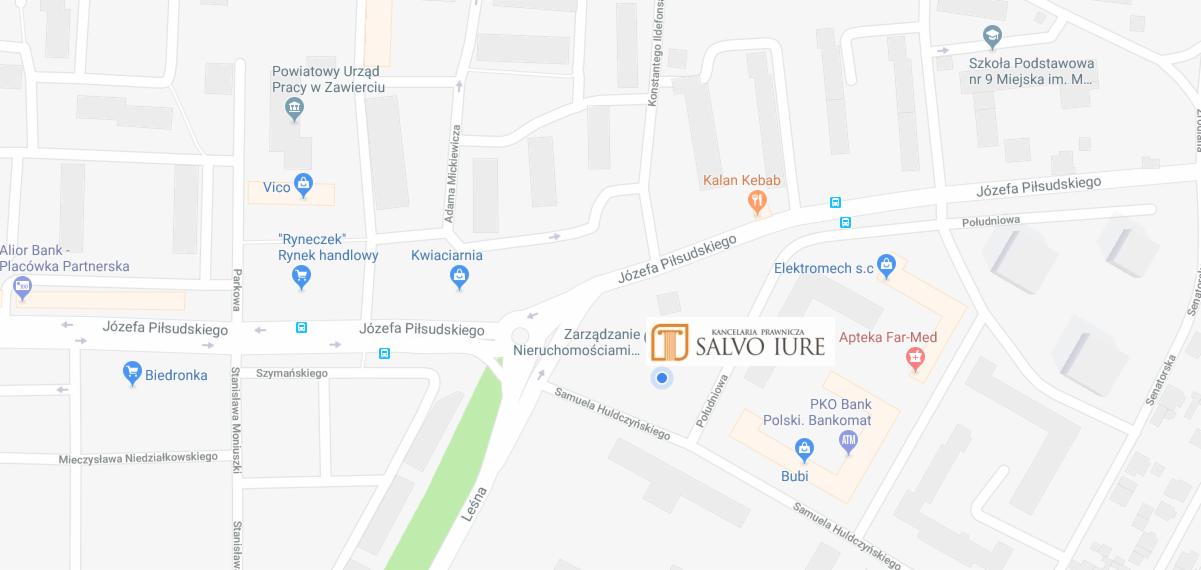 Mapa Zawiercia z zaznaczoną lokalizacją Kancelarii Prawniczej Salvo Iure przy ulicy Józefa Piłsudskiego.