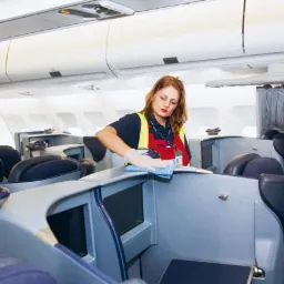 Pracownica w kamizelce odblaskowej i rękawiczkach czyści wnętrze samolotu, skupiając się na przestrzeni pasażerskiej klasy biznes, używając niebieskiej ściereczki.