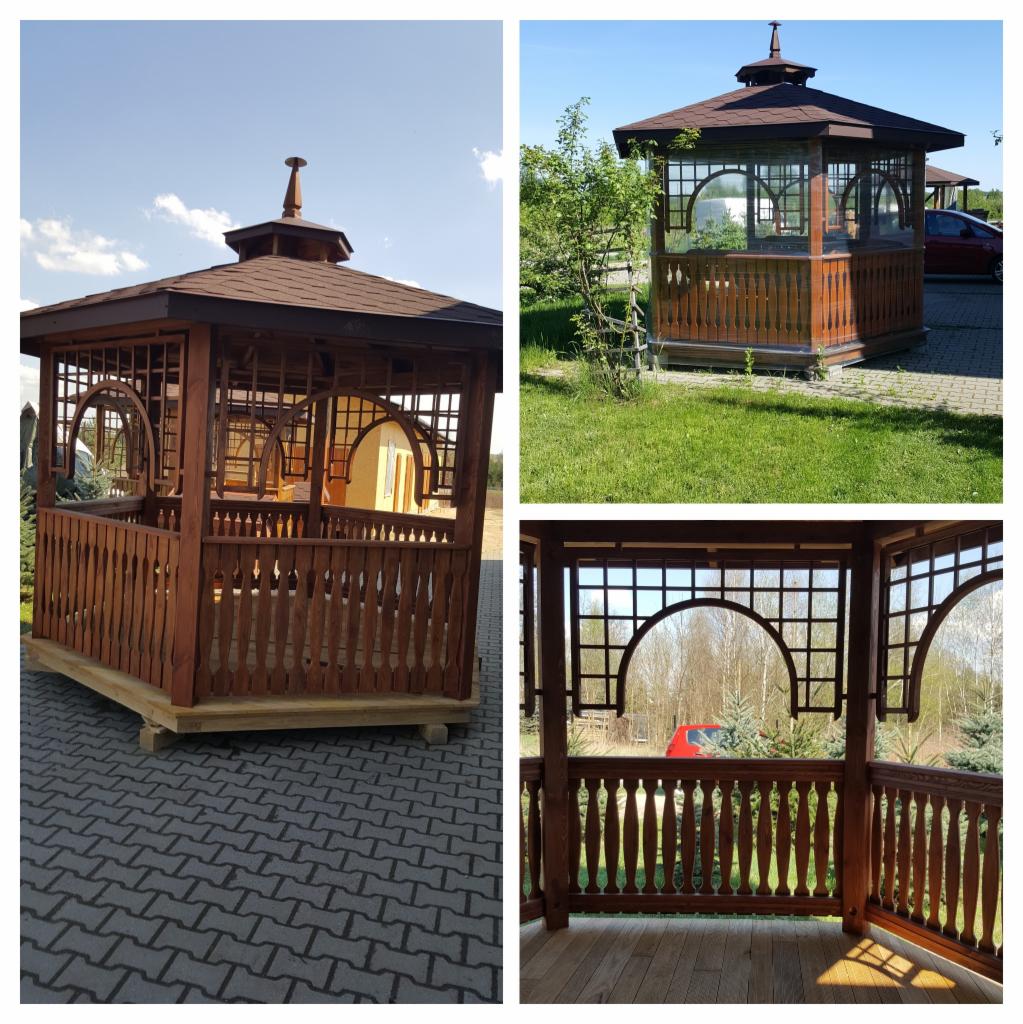 Drewniana altana ogrodowa z brązowym dachem, widoczna z trzech różnych perspektyw: z boku na kostce brukowej, z przodu na trawie oraz od wewnątrz z widokiem na drzewa.
