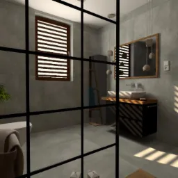 Nowoczesna łazienka z szarymi płytkami, drewnianymi akcentami i czarną ramą kabiny prysznicowej, oświetlona promieniami słońca wpadającymi przez okno z żaluzjami.