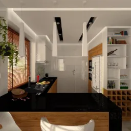 Nowoczesna kuchnia z czarnym blatem, drewnianymi akcentami i tablicą kredową z listą zakupów, oświetlenie punktowe i rolety drewniane.