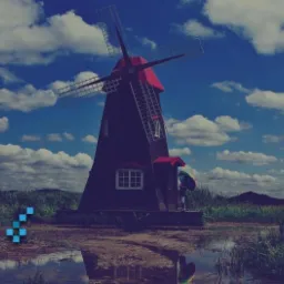 Trzy wiatraki z czerwonymi dachami na tle błękitnego nieba z chmurami, z cyfrowymi artefaktami na krawędziach.