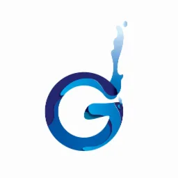 Graficzne przedstawienie litery G w odcieniach błękitu z elementami przypominającymi wodę, na białym tle.