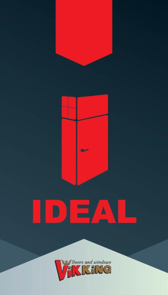 Grafika przedstawia abstrakcyjny, czerwony symbol drzwi i okna na ciemnym tle, z napisem 'IDEAL' i logo 'VikkING Doors and windows'.