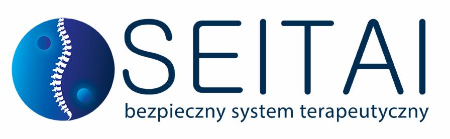 Logo firmy SEITAI z niebieskim symbolem yin yang z wkomponowanym kręgosłupem i napisem 'bezpieczny system terapeutyczny'.