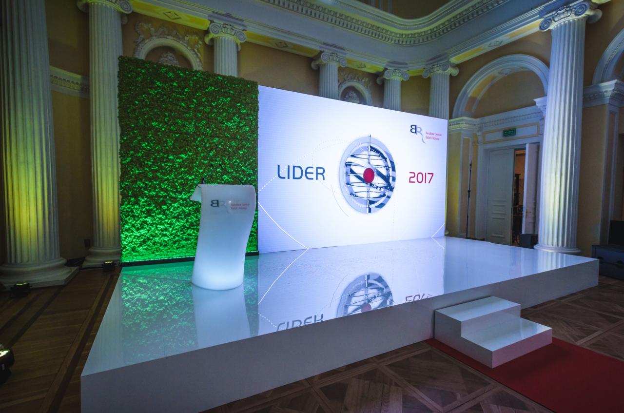 Scena z podświetlanym podium, zieloną ścianą i ekranem z napisem 'Lider 2017' w eleganckim wnętrzu z kolumnami.