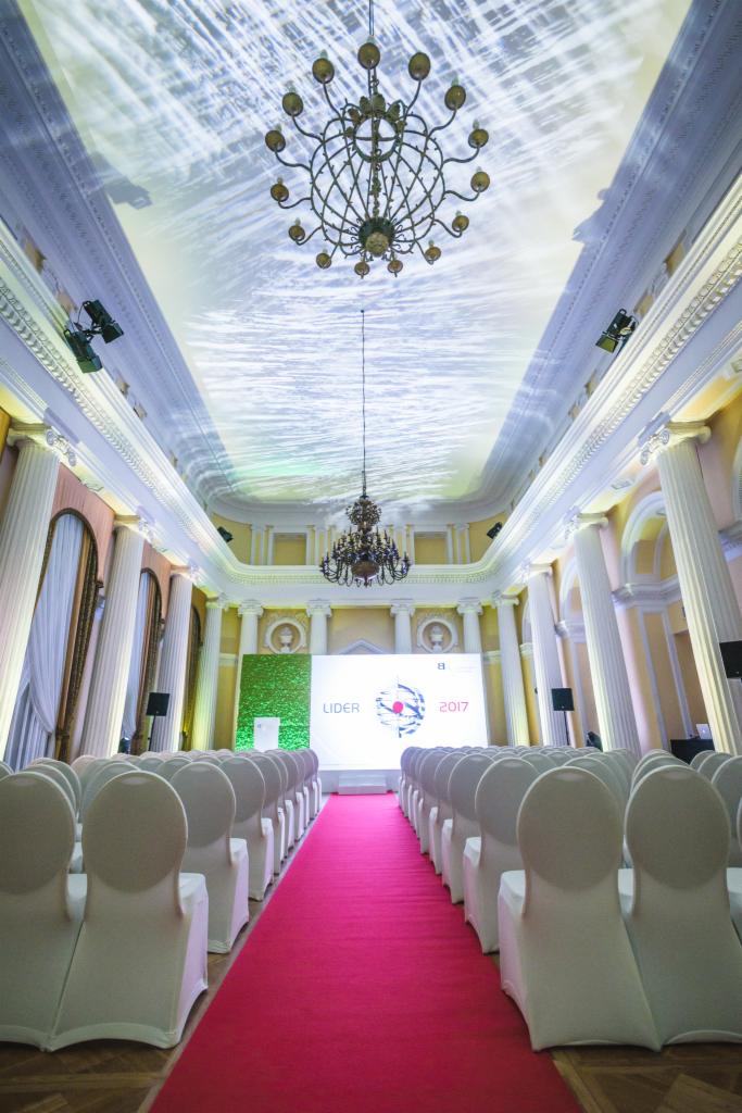 Sala konferencyjna z rzędami krzeseł w białych pokrowcach, czerwonym dywanem, sceną z ekranem LED z napisem 'Lider 2017', kolumnami i żyrandolami