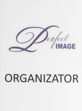 Logo firmy 'Perfect Image ORGANIZATOR' na białym tle, z ozdobnym fioletowym elementem graficznym nad nazwą.