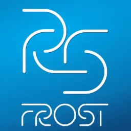 Logo firmy FROST na błękitnym tle, przedstawiające stylizowane, połączone litery tworzące unikalny symbol.
