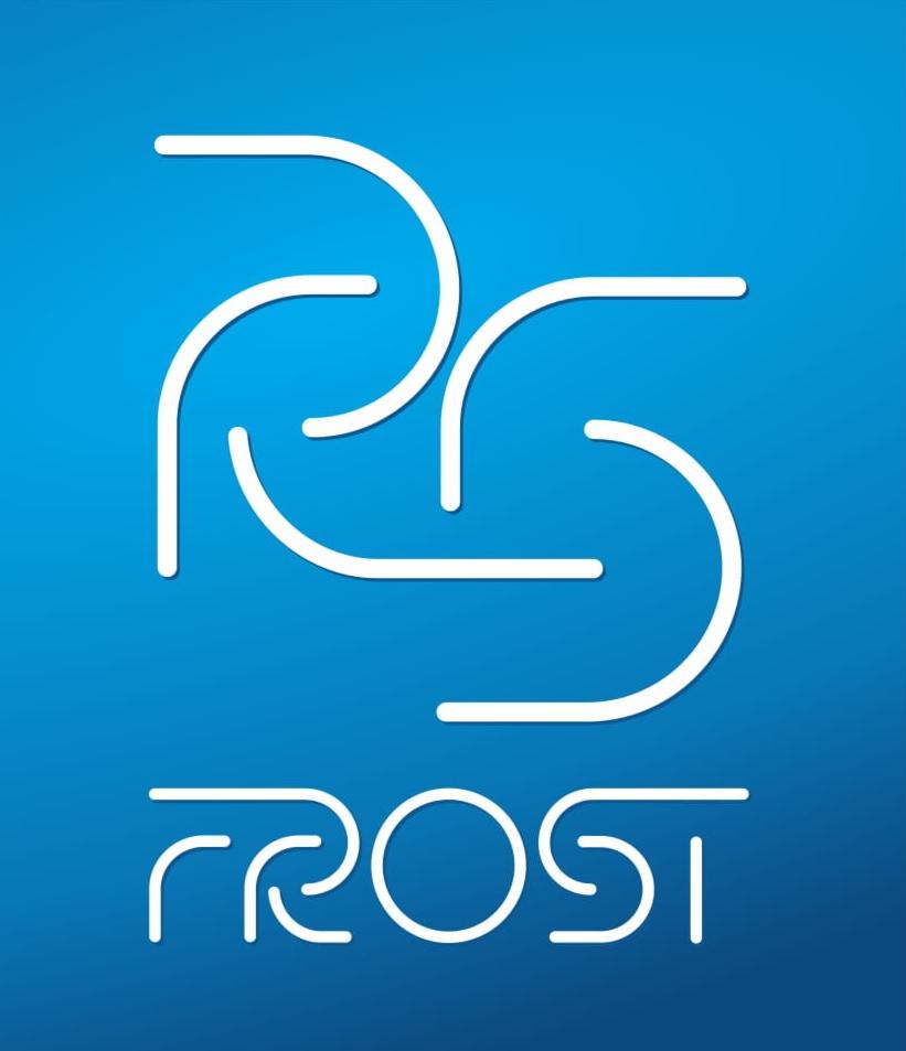 Logo firmy FROST na błękitnym tle, przedstawiające stylizowane, połączone litery tworzące unikalny symbol.