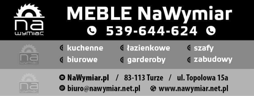 Czarno-biała wizytówka firmy meblarskiej z piłą w logo, oferującej kuchnie, szafy, garderoby i zabudowy na wymiar, z adresem strony internetowej i numerem telefonu.