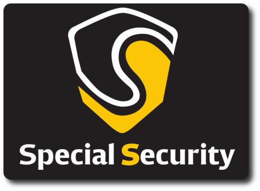 Logo firmy: czarne tło, biały kontur tarczy z żółtym wypełnieniem w kształcie litery S, napis Special Security z żółtym S