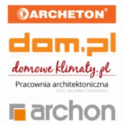 Zestaw logo firm z branży budowlanej i architektonicznej: Archeton, dom.pl, domowe klimaty.pl, Pracownia architektoniczna arch. Jarosław Charkiewicz, archon.