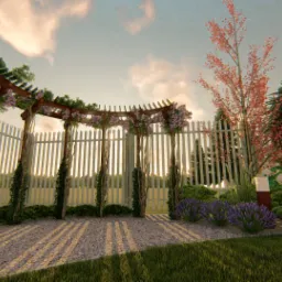 Pergola z drewnianą konstrukcją obrośniętą kwitnącą roślinnością, białe sztachetowe ogrodzenie, kamienny chodnik i różnorodne rośliny ozdobne w ogrodzie, oświetlone ciepłym światłem zachodzącego...