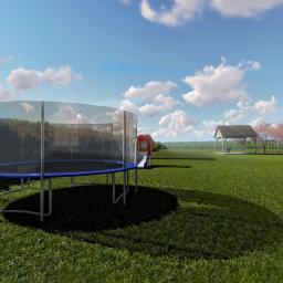 Marcin Pasieka - Wizualizacja ogrodu z trampoliną z siatką ochronną, zjeżdżalnią dla dzieci, altaną i fragmentem kamiennego budynku w tle, na tle zielonego trawnika i błękitnego nieba z chmurami.