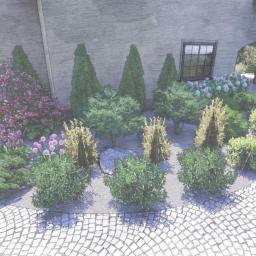 Marcin Pasieka - Wizualizacja ogrodu przydomowego z brukowanym podjazdem, rabatami kwiatowymi z kwitnącymi aliami i różnorodnymi krzewami iglastymi oraz liściastymi, widok na budynek z oknem i zadaszonym wejściem.