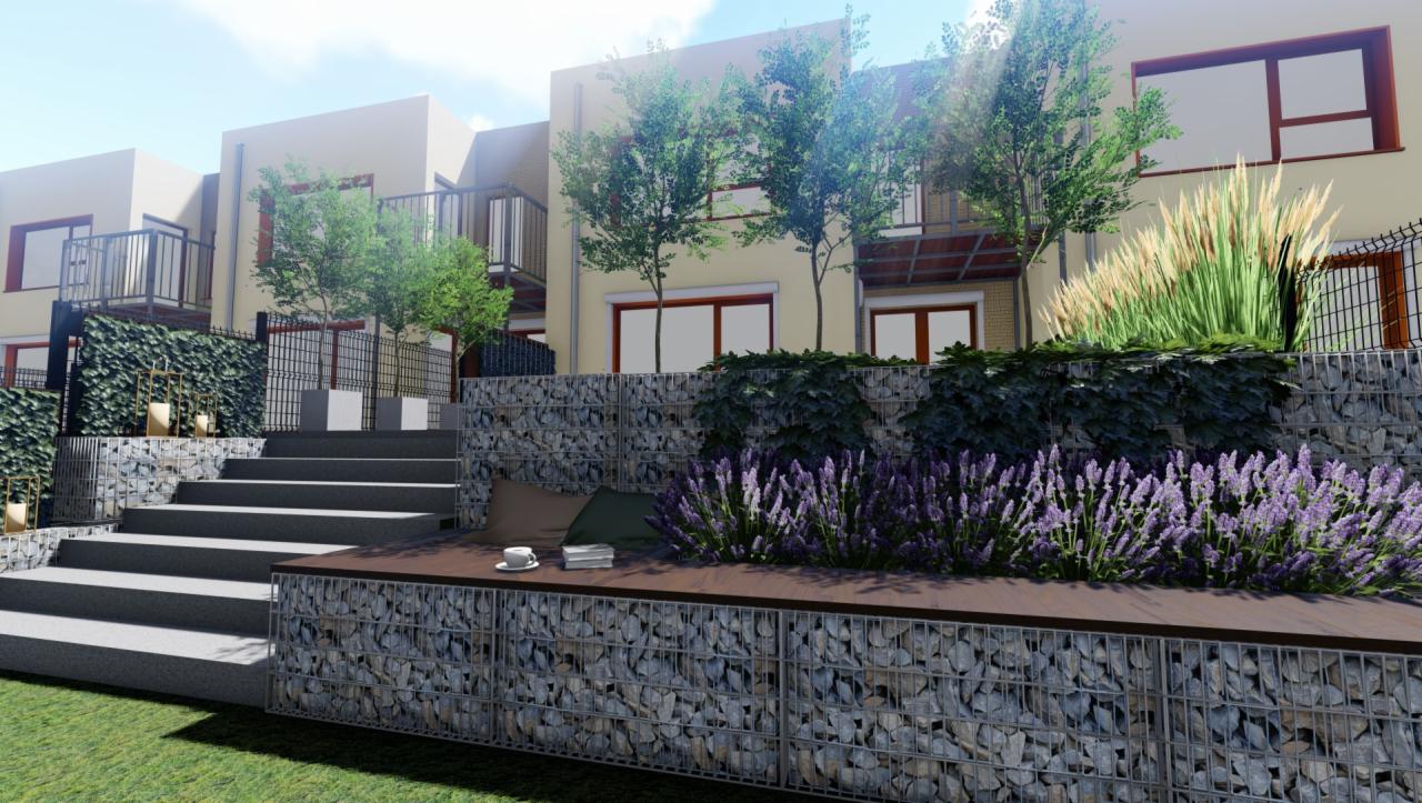 Wizualizacja ogrodu z gabionami, lawendą, trawami ozdobnymi i schodami prowadzącymi do budynków mieszkalnych.
