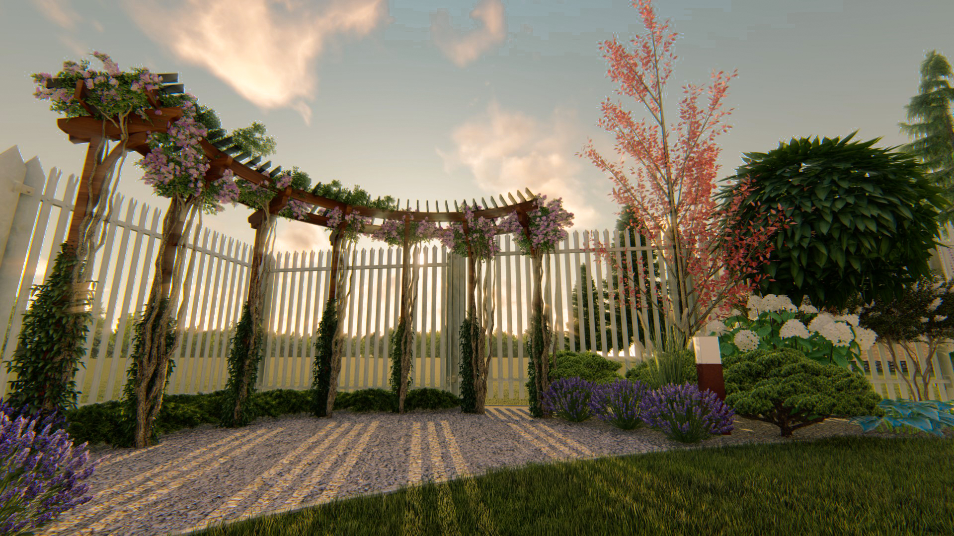 Pergola z drewnianą konstrukcją obrośniętą kwitnącą roślinnością, białe sztachetowe ogrodzenie, kamienny chodnik i różnorodne rośliny ozdobne w ogrodzie, oświetlone ciepłym światłem zachodzącego...