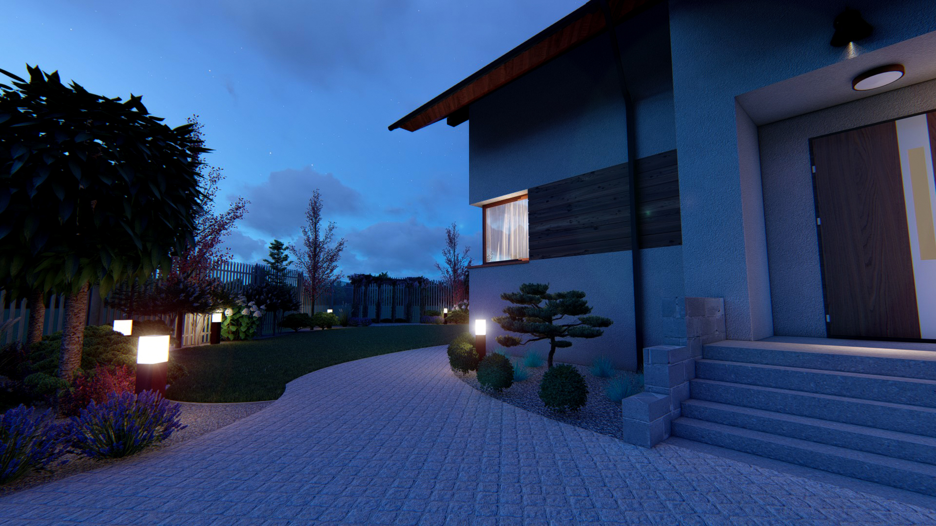 Oświetlony ogród z kostki brukowej prowadzący do domu o zmierzchu, z widocznymi lampami ogrodowymi, drzewami i krzewami.