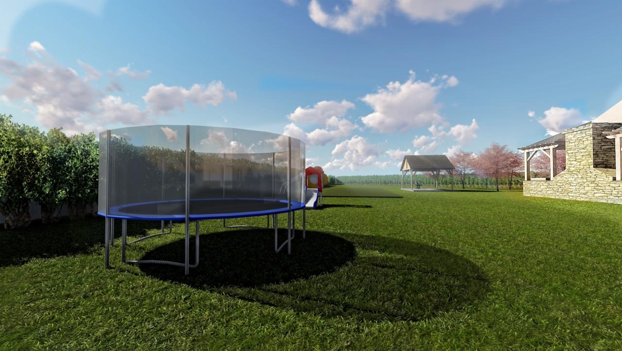 Wizualizacja ogrodu z trampoliną z siatką ochronną, zjeżdżalnią dla dzieci, altaną i fragmentem kamiennego budynku w tle, na tle zielonego trawnika i błękitnego nieba z chmurami.