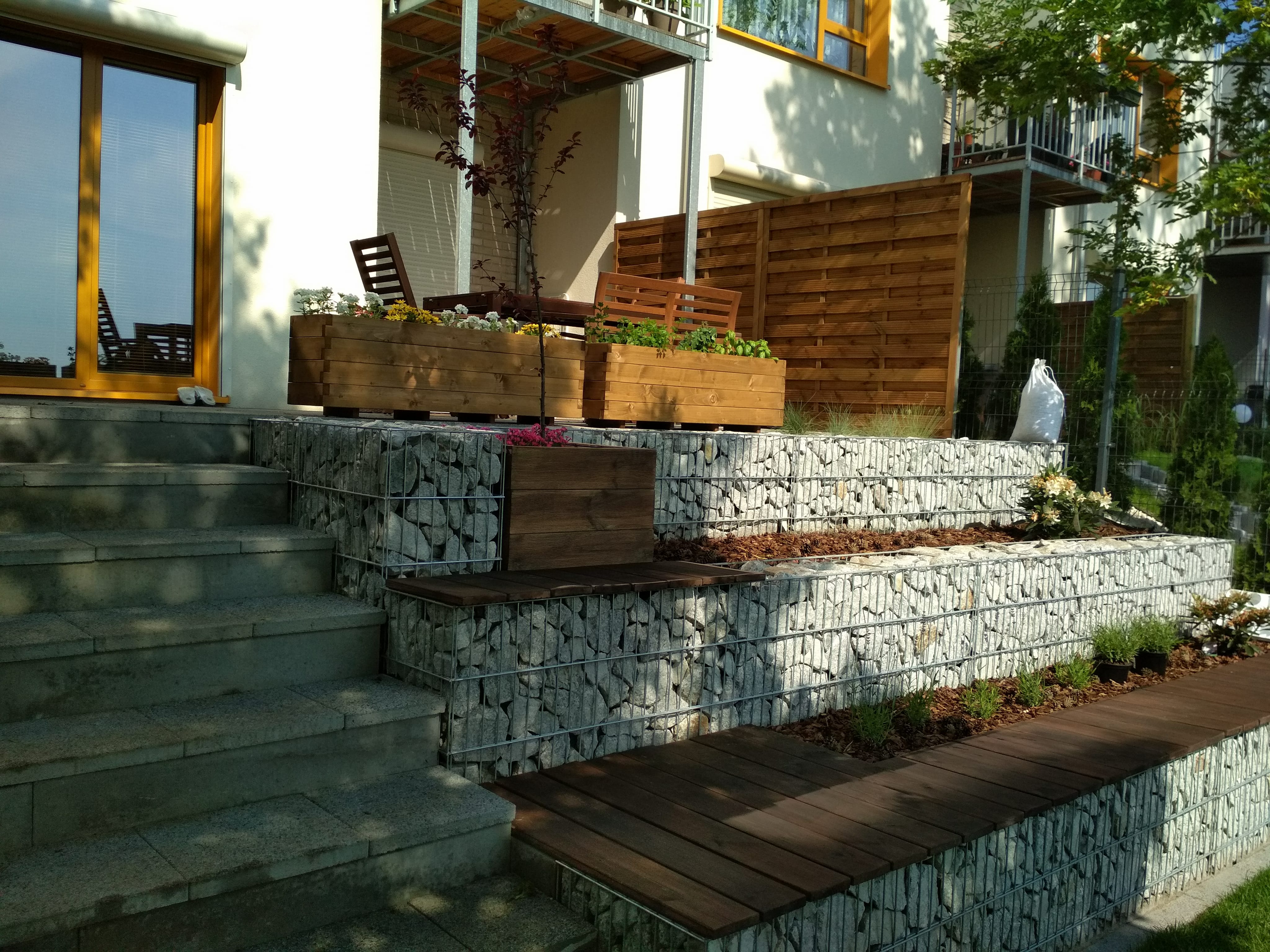Ogród przydomowy z gabionami tworzącymi tarasy, drewniane skrzynie z kwiatami i drzewkami na górnym poziomie, schody z jasnego kamienia prowadzące do wejścia, drewniane panele ogrodzeniowe w tle.