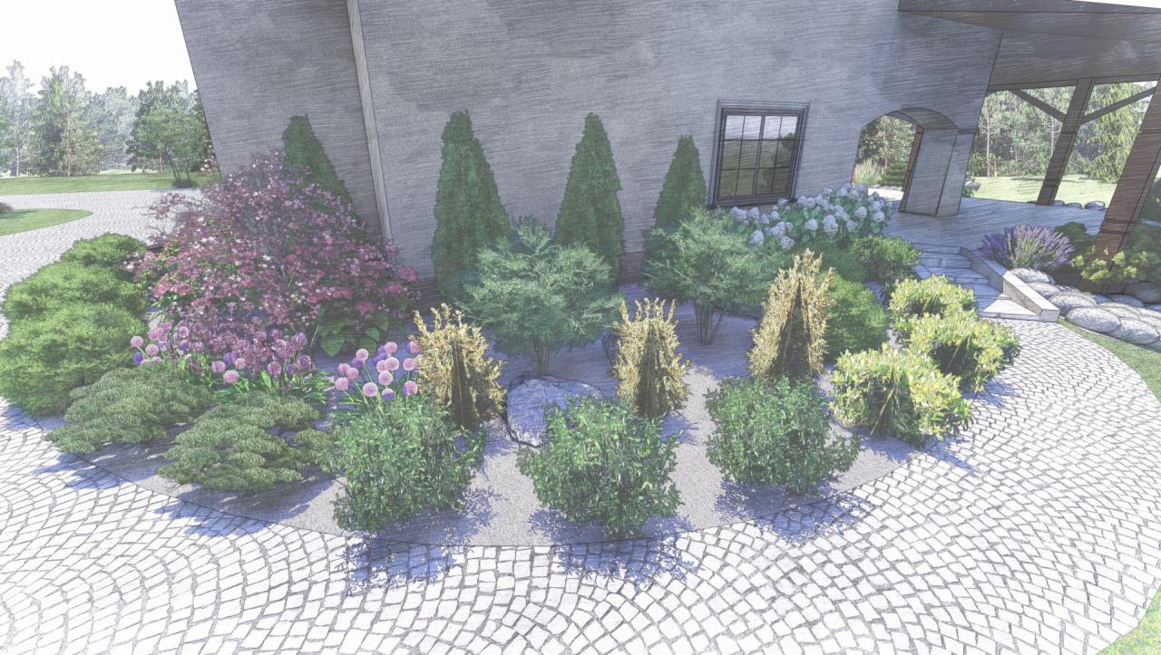 Wizualizacja ogrodu przydomowego z brukowanym podjazdem, rabatami kwiatowymi z kwitnącymi aliami i różnorodnymi krzewami iglastymi oraz liściastymi, widok na budynek z oknem i zadaszonym wejściem.