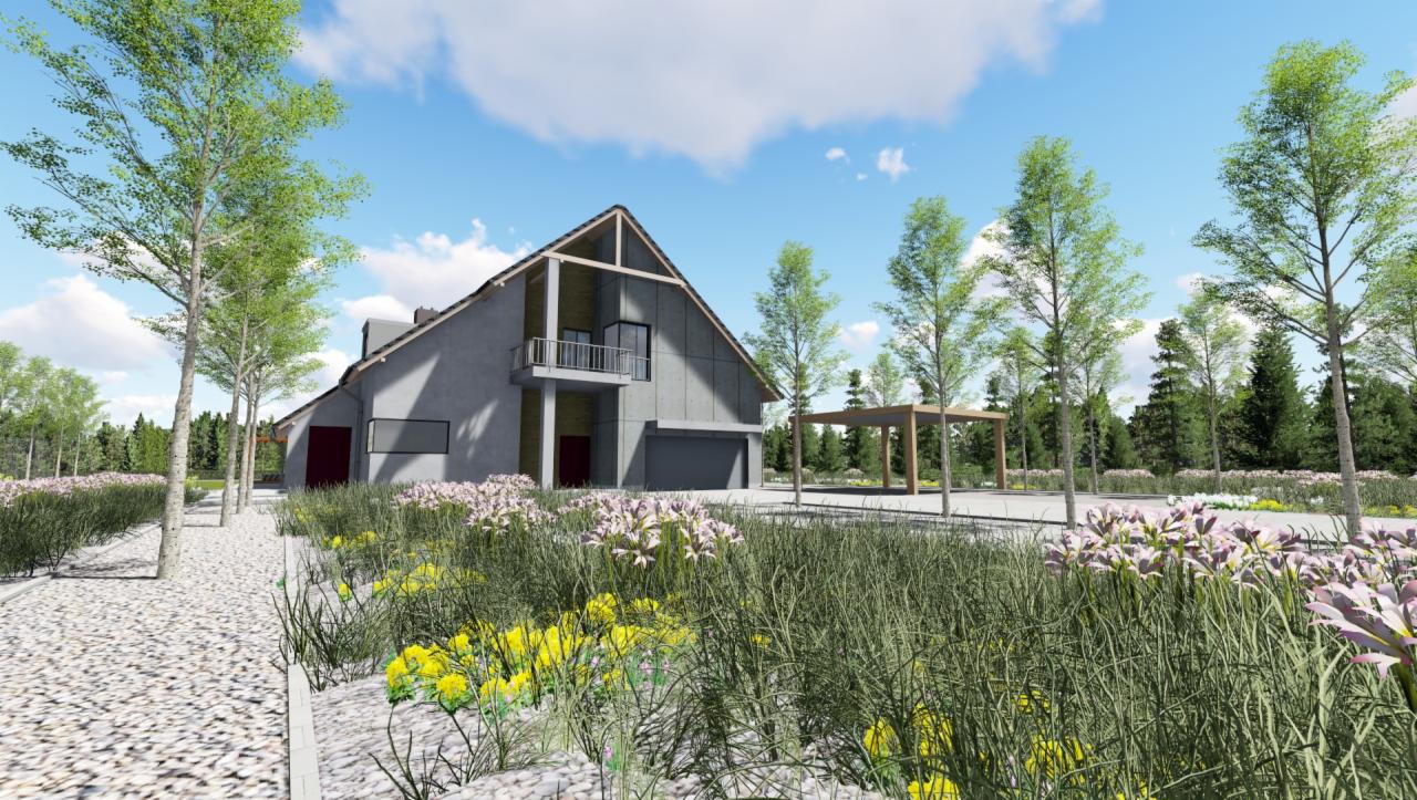 Wizualizacja domu z ogrodem: nowoczesna bryła budynku z szarą elewacją, drewnianą konstrukcją carportu w tle i kwitnącymi rabatami z żółto-białymi kwiatami na pierwszym planie.