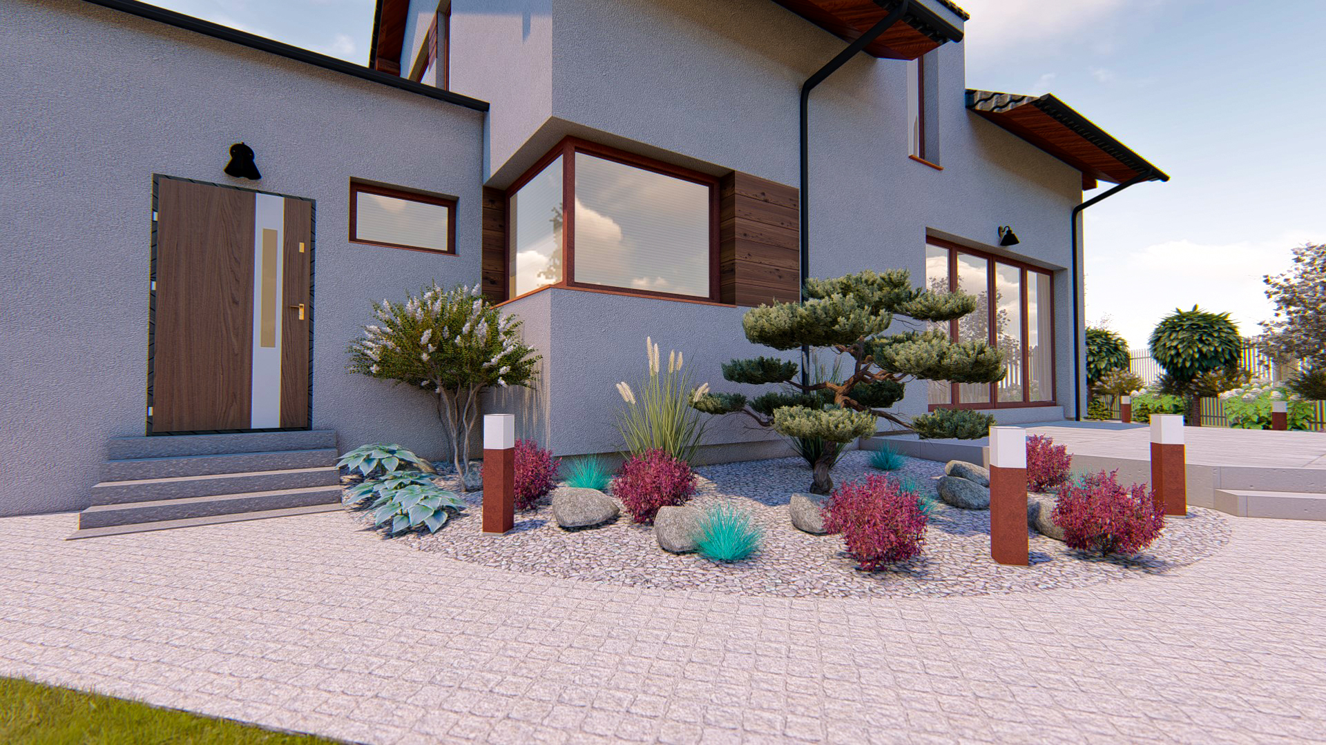 Wizualizacja domu z nowoczesnym ogrodem: ścieżka z kostki, ozdobne krzewy, kamienie, trawy i lampy ogrodowe.