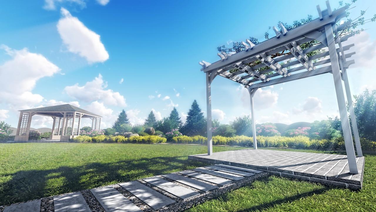 Widok na ogród z altaną i ścieżką z płyt kamiennych, w tle drugi pawilon ogrodowy i różnorodne drzewa oraz krzewy.