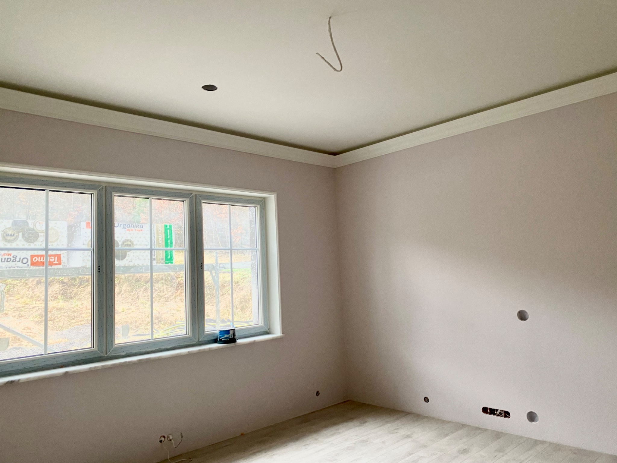 Pokój po malowaniu w odcieniach różu i bieli, widoczne gładkie ściany, białe listwy przysufitowe, okno z widokiem na zewnątrz i otwory na gniazdka elektryczne.