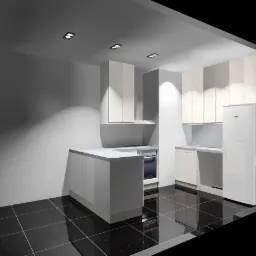 Wizualizacja 3D nowoczesnej kuchni z białymi frontami szafek, czarną błyszczącą podłogą i minimalistycznym oświetleniem sufitowym.