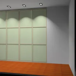 Wizualizacja wnętrza z przesuwną szafą wnękową z jasnymi panelami i drewnianą podłogą, oświetlona punktowymi lampami sufitowymi, obok pomarańczowe drzwi.