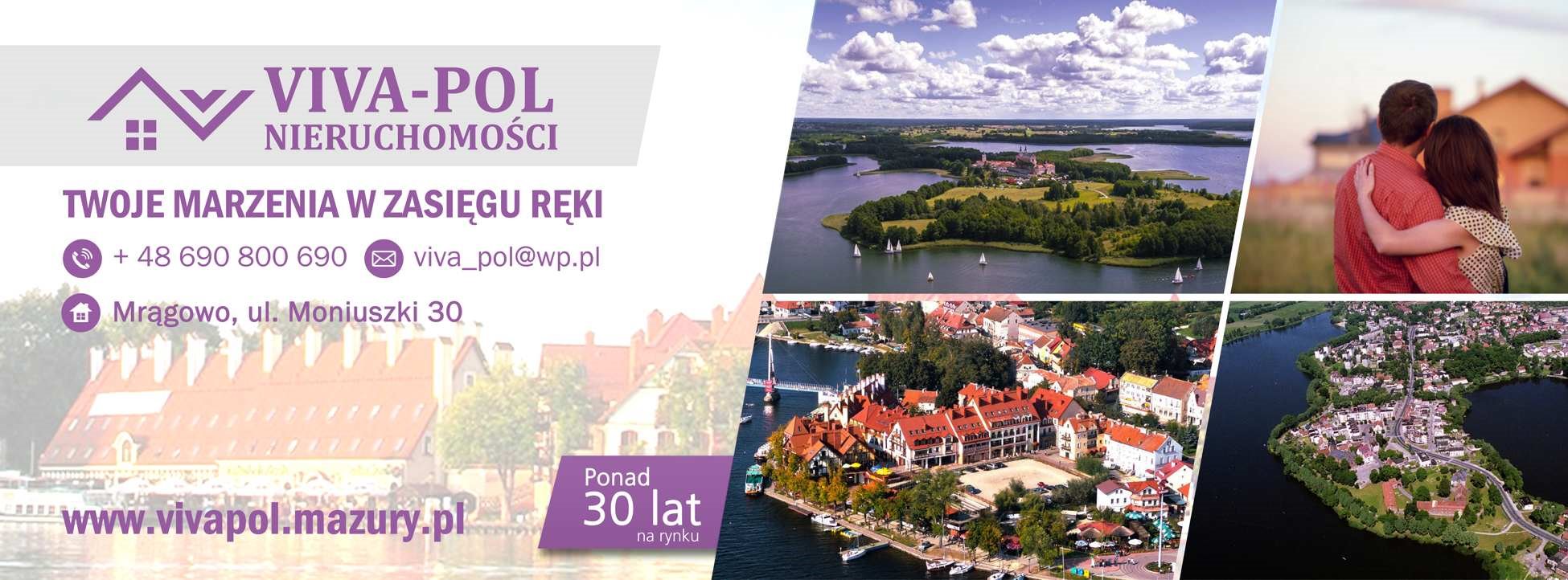 Kolaż zdjęć promujących biuro nieruchomości Viva-Pol: krajobraz jezior Mazurskich z żaglówkami, panorama Mrągowa z lotu ptaka, para obejmująca się na tle domu, logo firmy z adresem i danymi...
